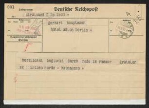 Brief von Hermann Haussmann und Hildegard Haussmann an Gerhart Hauptmann