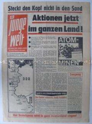 Propagandazeitung aus der DDR für die Jugend in der Bundesrepublik mit Polemik gegen die geplante Verlegung von Atomminen entlang der Grenze zur DDR