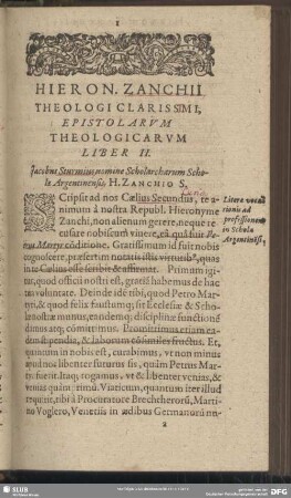 Hieron. Zanchii Epistolarum Liber II.