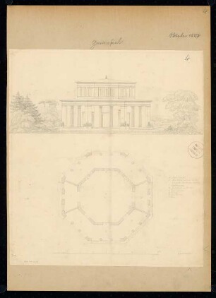 Gartensaal Monatskonkurrenz Oktober 1827: Grundriss Erdgeschoss, Aufriss Vorderansicht; Maßstabsleiste