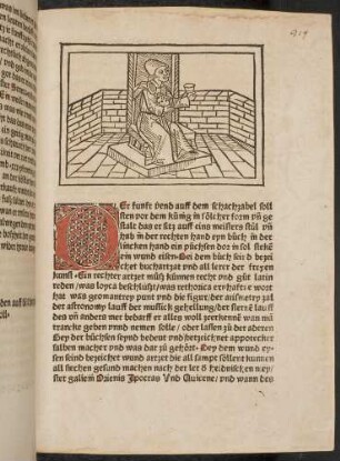 Figur (Der fünfte Vend) mit Buch und Arzneibüchse als Attribute, (Arzt, Apotheker); D-Initiale