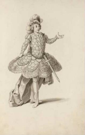 Regina Mingotti, Sopran, in der Rolle des Publio (aus dem Vestiarium der Oper "Attilio Regolo", aufgeführt am 12. Januar 1750 in Dresden)