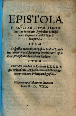 Epistola S. Pauli ad Titum : iam recens scholiis novis ill. ac multis in locis locupletata
