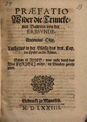 Praefatio Wider die Trunckenen Bawren von der Erbsünde ...