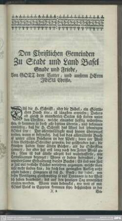 Den Christlichen Gemeinden Zu Stadt und Land Basel Gnade und Friede, Von Gott und Vatter, und unserm Herrn Jesu Christo