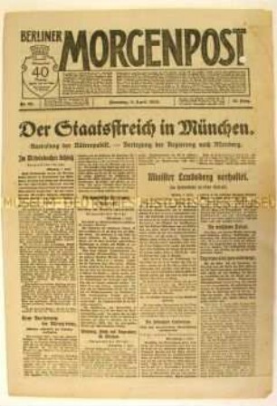 Tageszeitung "Berliner Morgenpost" zur Proklamation der Räterepublik in München