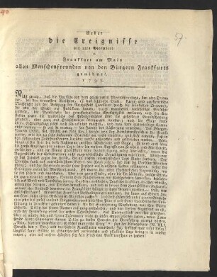 Ueber die Ereignisse des 2ten Decembers in Frankfurt am Main allen Menschenfreunden von den Bürgern Frankfurts gewidmet. 1792