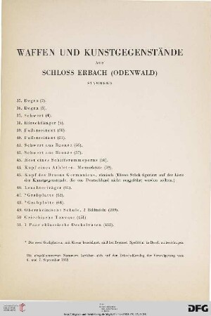Waffen und Kunstgegenstände aus Schloss Erbach (Odenwald) stammend (Nr. 35-51)