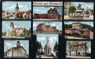 Marktplatz, Schloss, Regierungsgebäude, Bahnhof, Neue Kaserne, Hermannsdenkmal, Donopbrunnen, Neues Palais, Lyzeum Fototableau als Feldpostkarte