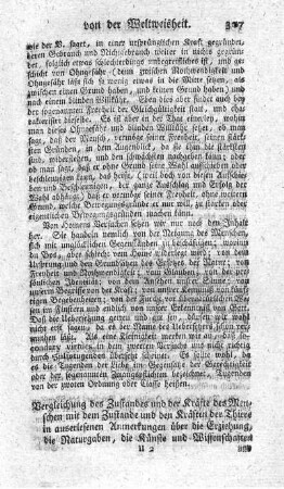 Vergleichung des Zustandes und der Kräfte des Menschen mit dem Zustande und den Kräften der Thiere.