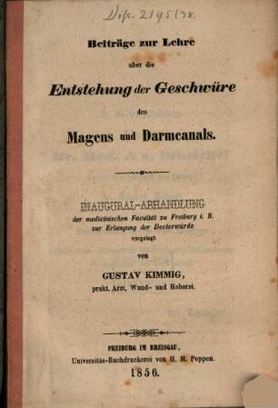 Beiträge zur Lehre über die Entstehung der Geschwüre des Magens und Darmcanals