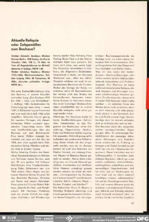 Aktuelle Reliquie oder Zeitgemäßes zum Bauhaus? Diether Schmidt „Bauhaus Weimar Dessau Berlin“ : Notiert und glossiert