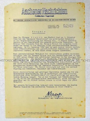 Arbeitszeugnis Hermann Pirichs anlässlich seines Ausscheidens aus der Redaktion der Aachener Nachrichten
