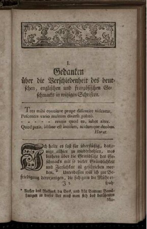 I. Gedanken über die Verschiedenheit des deutschen, englischen und französischen Geschmacks in witzigen Schriften.