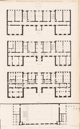 Dorotheenstädtische Realschule und Friedrich-Werdersches Gymnasium, Berlin: Realschule: Grundrisse KG, EG, 2.OG, Turnhalle (aus: Atlas zur Zeitschrift für Bauwesen, hrsg. v. G. Erbkam, Jg. 28, 1878)