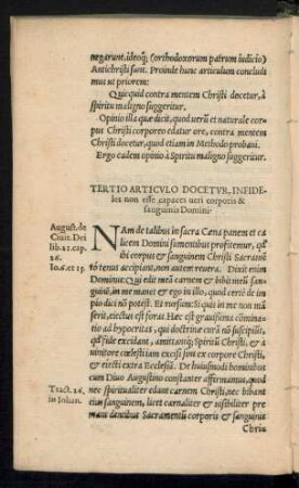 Tertio Articulo Docetur, Infideles non esse capaces veri corporis & sanguinis Domini.