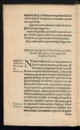 Tertio Articulo Docetur, Infideles non esse capaces veri corporis & sanguinis Domini.