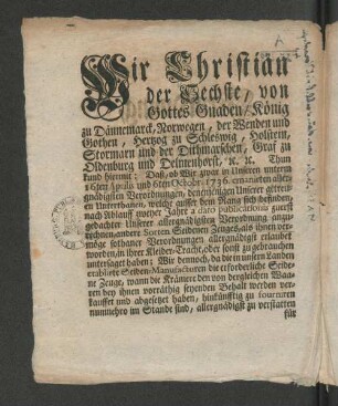 [Verordnung, Betreffend Den Gebrauch des Sammets und anderer Seiden-Zeuge.]