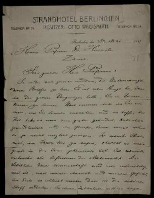 Nr. 15: Brief von Emanuel Lasker an Adolf Hurwitz, Berlinchen, 30.5.1911