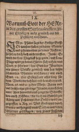 IX. Warumb Gott der Herr/ in den grossen Sterbensleufften/ seiner Gleubigen nicht gentzlich mit der Pestilentz verschone.