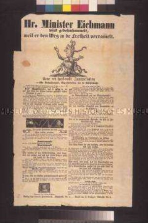 Satirisches Flugblatt: Hr. Minister Eichmann wird gebohmhammelt (Ullo Bohmhammel); undatiert