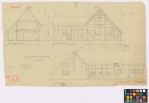 Kesternich ([Landkreis Monschau]): Haus Falter. - Haupthaus (Nord-Ost-Ansicht, Süd-Ost-Ansicht). - Wohnteil (Schnitt)