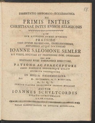 Dissertatio Historico-Ecclesiastica De Primis Initiis Christianae Inter Russos Religionis