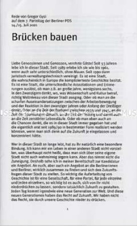 Sonderdruck mit dem Text der Rede von Gregor Gysi auf dem 7. Parteitag der Berliner PDS