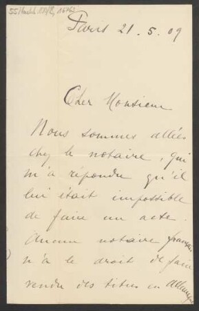 Brief an Ludwig Strecker  und B. Schott's Söhne : 21.05.1909