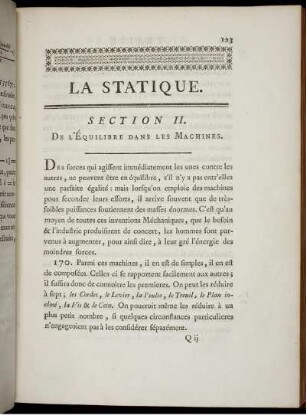 La Statique. Section II. De l'Équilibre dans les Machines.