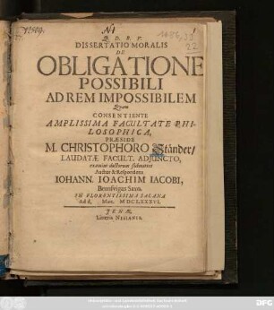 Dissertatio Moralis De Obligatione Possibili Ad Rem Impossibilem
