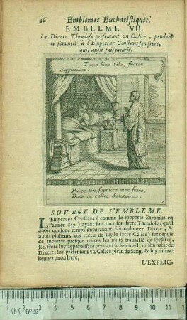 Embleme VII. Le Diacre Theodose presentant un Calice, pendant le sommeil, à l'Empereur Constans son frere, qui l'auoit fait mourir.