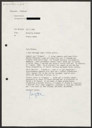 Brief an Bianca Zedda, 18.11.1991