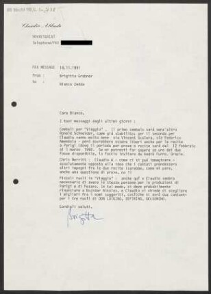 Brief an Bianca Zedda, 18.11.1991