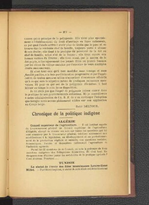 Chronique de la politique indigène.