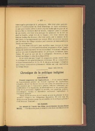 Chronique de la politique indigène.