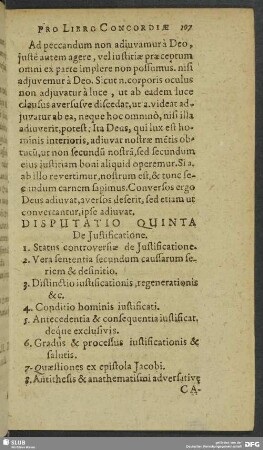 Disputatio Quinta. De Justificatione