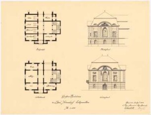 Großes Badehaus, Bad Nenndorf: Eckpavillon: Grundriss EG und 1.OG, Aufriss Rückansicht, Seitenansicht, 1:100