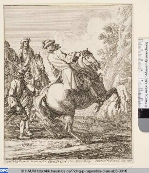 Reiter auf steigendem Pferd mit Gefolge