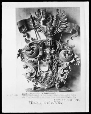 Springender Löwe mit Wappenschild umgeben von Rankenwerk des T'Serclaes Graf zu Tilly