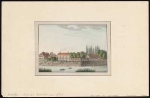 Ansicht des Festungswerkes in Dresden : Der Zwingergraben vom Hofwaschhaus nach Westen auf die Häuser am Beginn der Ostraallee, rechts die Zwingerbrücke, links das Accishaus des Wilsdruffer Tores, Aquarell, nach 1822 : Kannegießer, Friedrich August : [Die Zwingerallee und der Stadtgraben] : [von der Zwinger-Brücke bis an's Wilsdruffer Thor-Accishauß] / [Friedrich August Kannegießer]. - [Dresden] , [nach 1822]. - 1 Kunstblatt : Aquarell ; Bildgröße 13 x 18 cm, Blattgröße 23 x 36 cm // Titel von Blatt 11 aus: Dresden Festungswerke im Jahre 1811. - Dresden, Stengel & Markert, 1890, für das dieses Blatt als Vorlage diente