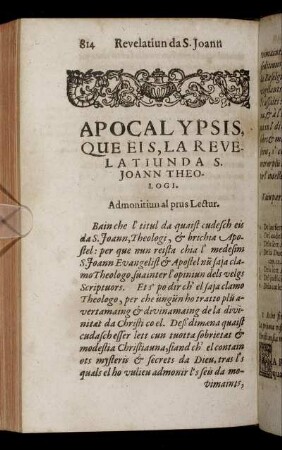 Apocalypsis Que Eis, La Revelatiun Da S. Joann Theologi.