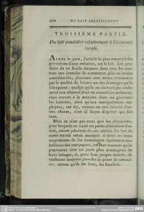 Troisième Partie. Du lait considéré relativement à l' économie rurale