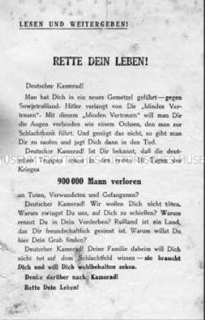Sowjetisches Abwurf-Flugblatt mit dem Aufruf an deutsche Soldaten zur Kapitulation