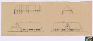 Archsum, Sylt ([Landkreis Süd-Tondern]): Haus Jessen. Haupthaus (Längsschnitt, Ansicht und Schnitt, Ansicht, Querschnitt)