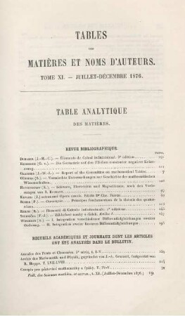 Table des Matiéres et Noms d'Auteurs.