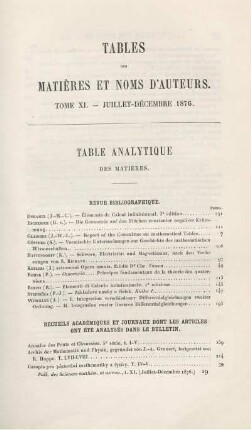 Table des Matiéres et Noms d'Auteurs.