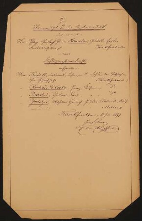 Liste "Zum Ehrenmitgliede und Meister des F.D.H. wurden ernannt / bzw. in die Stiftungsgenossenschaft aufgenommen" (17.01.1874)
