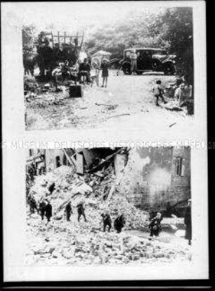 Familie mit Pferdewagen und Auto auf einem Waldweg oben); Soldaten vor einem zertrümmerten Haus (unten), 2. Weltkrieg