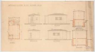 Garten Dr. Kurt Plesmann, Bad Salzuflen: Gartenhaus: Querschnitt, Längsschnitt, Vorderansicht, Rückansicht und 2 Seitenansichten, Grundriss 1:50 (Zeichnung des Architekten)